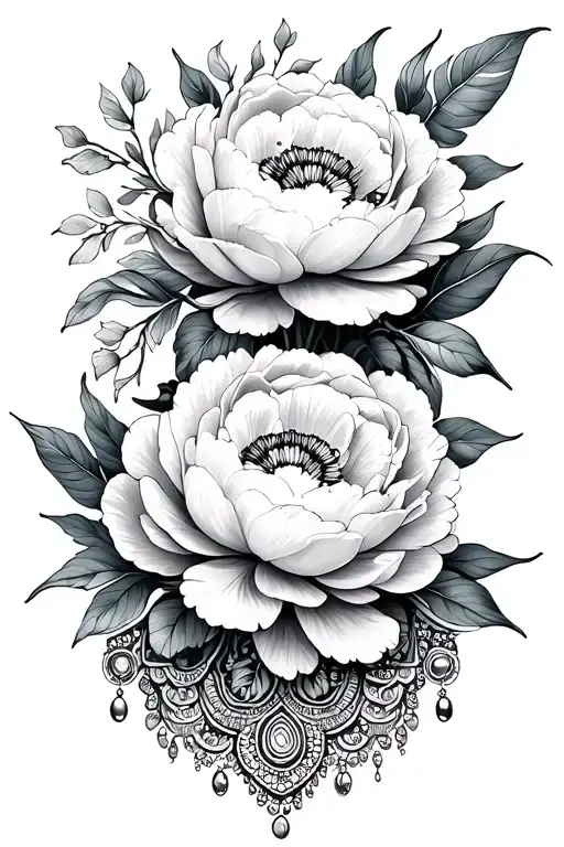3 peonies plus a mandala design at the bottom plus jewelry tattoo design idea