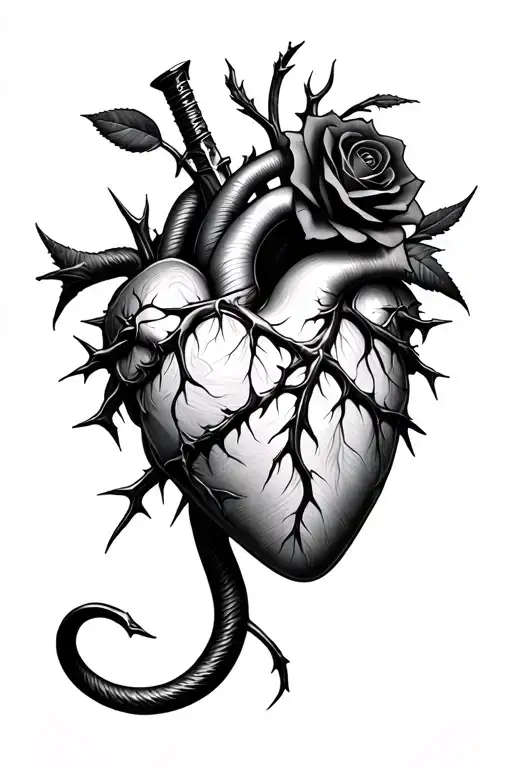 Realistic human heart ensnared by black rose with thorns. Dagger piercing through both. All entwined by Black mamba tattoo design idea