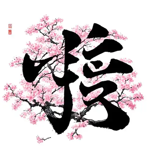 Love kanji (ai) brushtroke style surrounded by sakura trees tattoo design idea