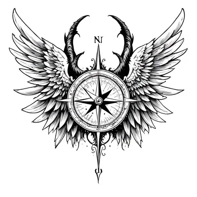 compass half demon angel wings tattoo design idea