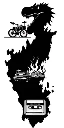 map with landmarks with road, mountains, trex fire truck, mountain bike drum set, cassette tape, book on fire, tattoo design idea