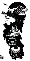 map with landmarks with road, mountains, trex fire truck, mountain bike drum set, cassette tape, book on fire, tattoo design idea