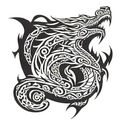 dark dragon breathing fire tattoo design idea