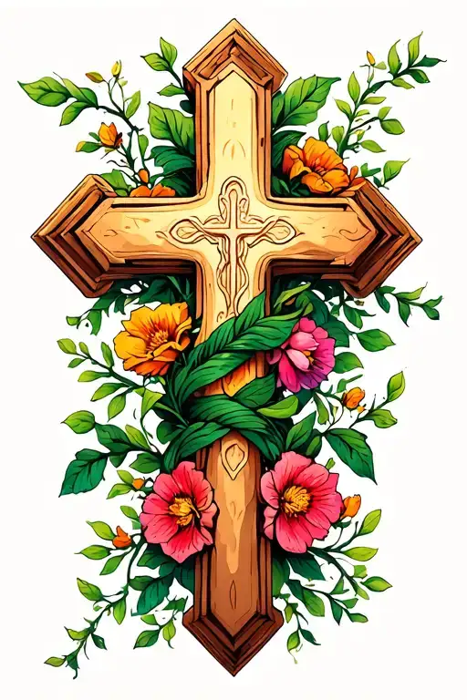 christian cross wrapped in flower vine tattoo design idea
