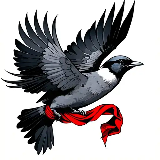 flying bird holding red scarf tattoo design idea
