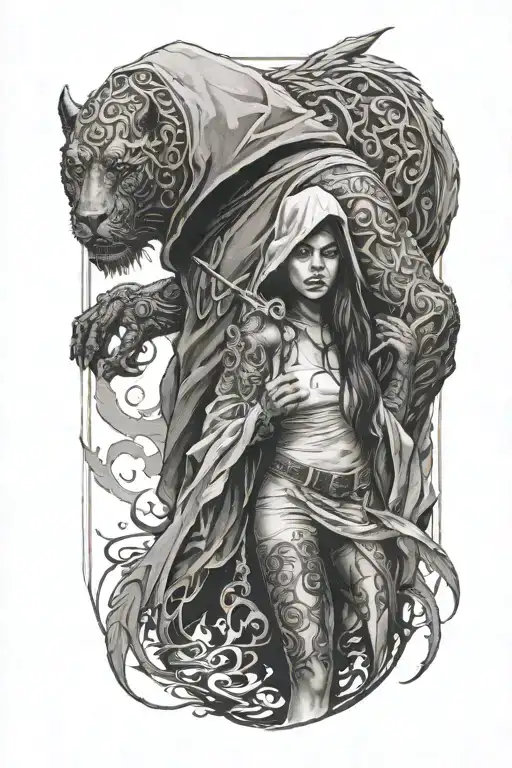 a girl and a huge hooded beast walking side by side tattoo design idea