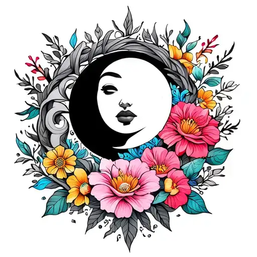 collar bone and shop tattoo with fine line vines wrapping around and colorful flowers and the sun and moon tattoo design idea