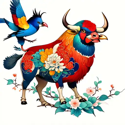 A powerful bull, two elegant birds Chrysanthen tattoo design idea