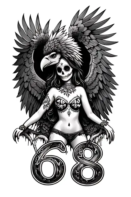 "Graffiti style number 68" eagle with feather wings, Day of the dead sexy girl,,  tattoo design idea