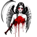 An angel woman crying tears of blood, holding a bloody scythe with blood dripping from it tattoo design idea