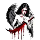 An angel woman crying tears of blood, holding a bloody scythe with blood dripping from it tattoo design idea