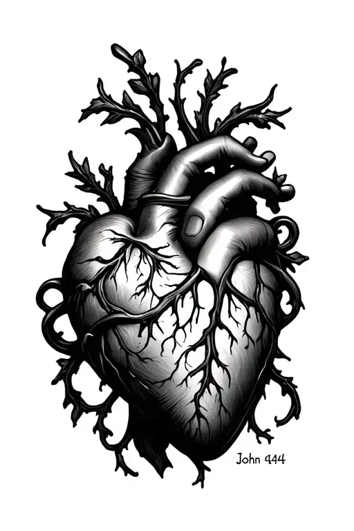 John 14:6 , 444, a human heart, vine wrap around finger tattoo design idea