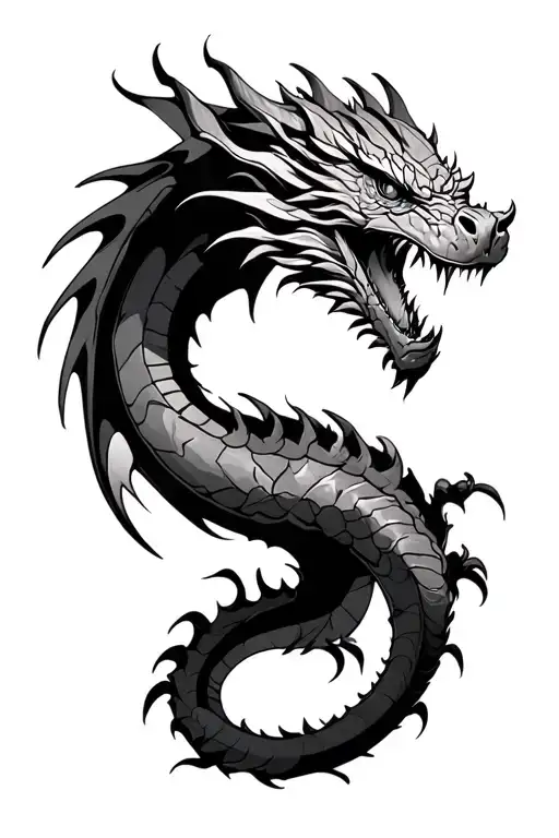 dragon that's tail starts above the elbow and goes up to the shoulder blade and that's head rests on the chest tattoo design idea