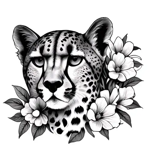 cheetah face with flowers on foot tattoo design idea