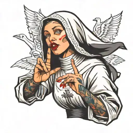 nun with tongue Out and her middlefingers crossed and Tattoos in her hands  tattoo design idea