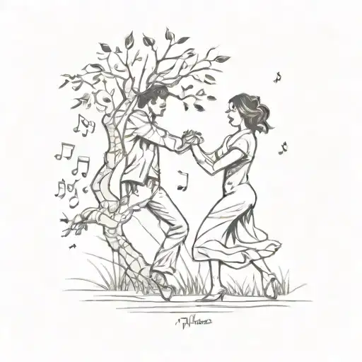 A sketch of a couple dancing under a tree with musical notes floating around them, representing the client's love for music and their spouse tattoo design idea