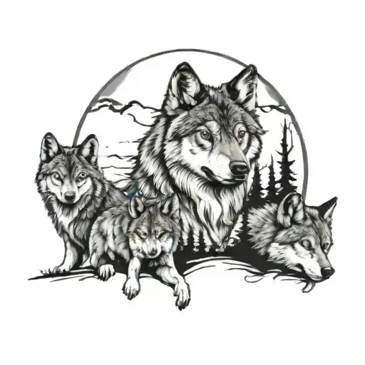 Sketch on a white background, a wolf, a she-wolf and three wolf cubs against the backdrop of a forest and the moon tattoo design idea