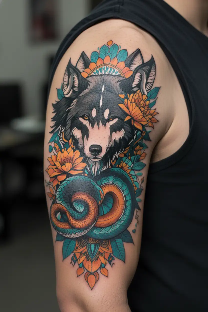 an elbow sleeve tattoo comprising of a black mandala, orange an blue matching colors of floral, snake, wolf and an Aries tattoo design idea