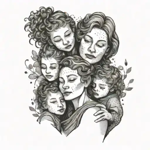 Mother with one son and three girls tattoo design idea