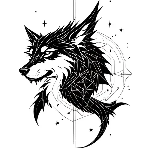 a wolf and a Dragon, celestial with stars tattoo design idea