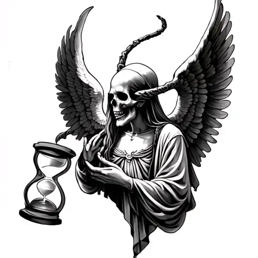 tattoo of a death that is a kind of angel and demon that has raised wings and holds an hourglass gemeni zodiac tattoo design idea