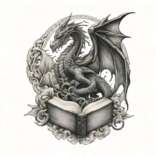 2 dragons and book open in front tattoo design idea