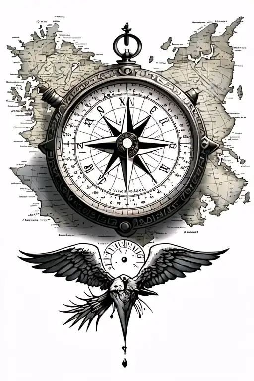 a sleeve tatoo made up of a compass overtop of a map, a clock and icarus below  tattoo design idea