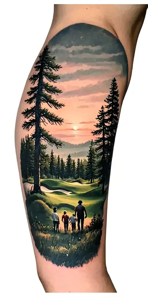 pine forest scene and family on golf course and ansel adams and sun clock tattoo design idea