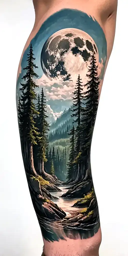dense forest landscape with giant moon  tattoo design idea