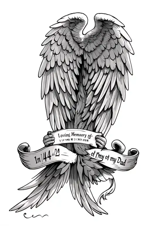 Angel wings holding plaque with words written 1/4/44-1/1/2024 In Loving Memory of my Dad tattoo design idea