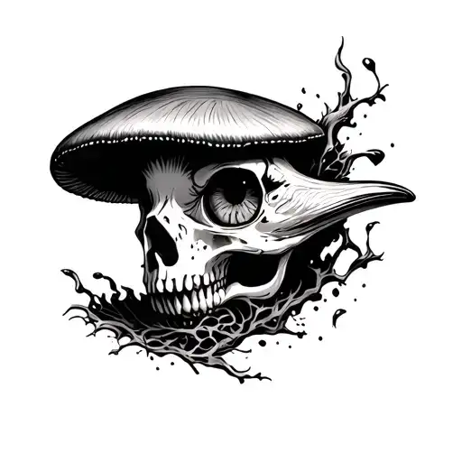 bird skull mushroom coming out of eye tattoo design idea