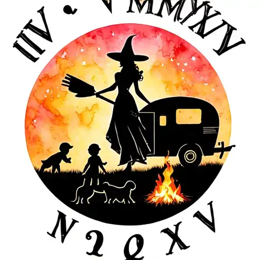 "IV V MMXIV" silhouette of busty sexy witch bride on broomstick over a campsite with a trailer and campfire with children & dog tattoo design idea