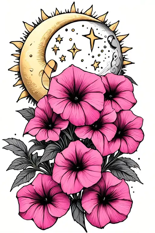 pink petunias with a sun, a moon, and stars, along with a lung cancer ribbon tattoo design idea