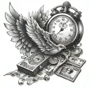 Dice money note wings stopwatch inside representing tattoo design idea