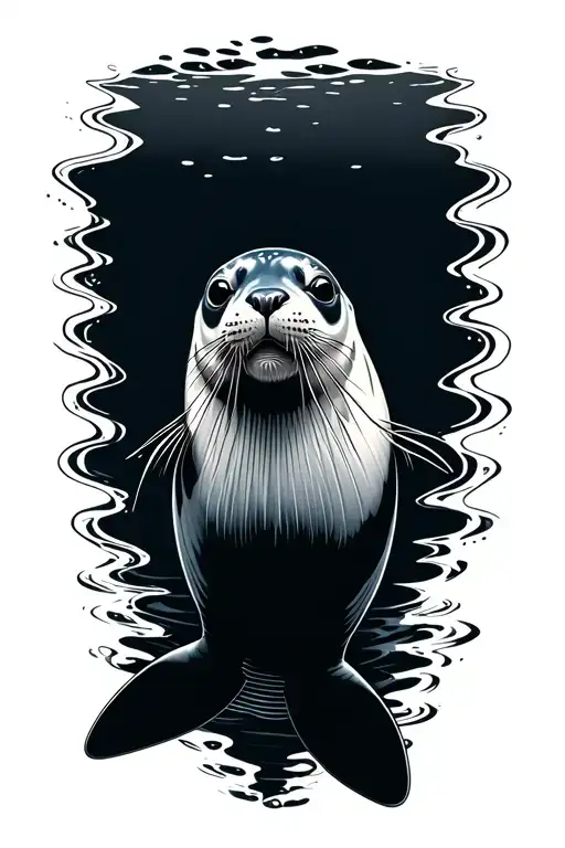 Photorealistic swimming seal shown from the top with a shadow underneath tattoo design idea