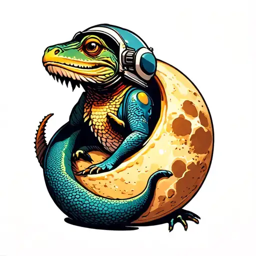 a bearded dragon curled around a tiny moon like it's a heat lamp wearing an astronaut helmet  tattoo design idea