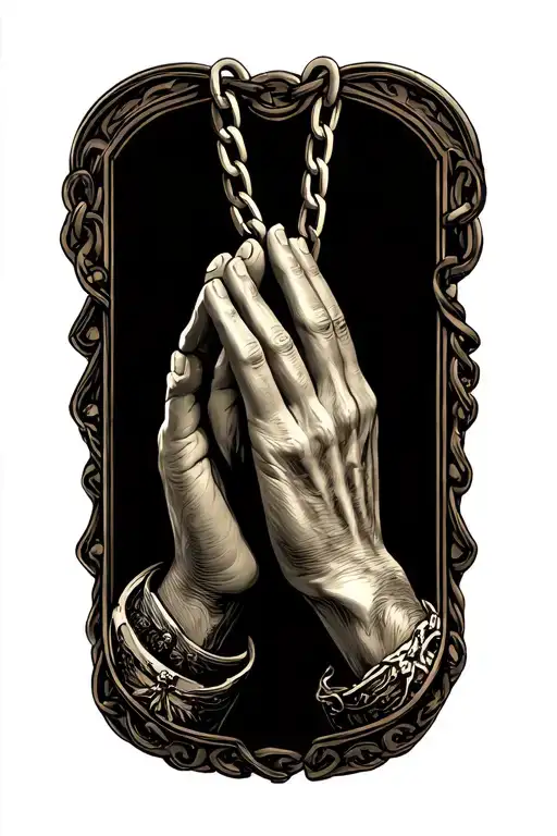 Stamp with praying hands with prayer chain tattoo design idea