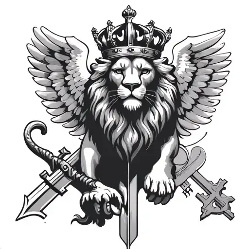 crowned lion with paw over sword and spread eagle wings near crossed Vatican keys  tattoo design idea
