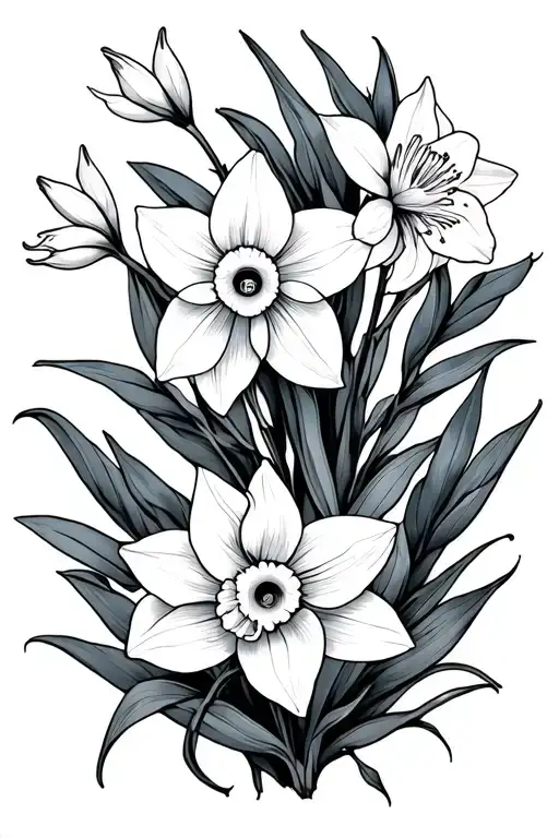 Art nouveau linear form, wispy daffodil flowers, willow branch  tattoo design idea