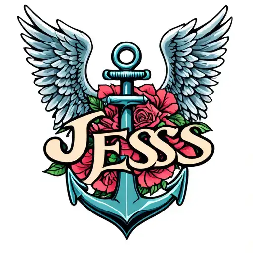 "Jess" anchor incorporated angel wings tattoo design idea