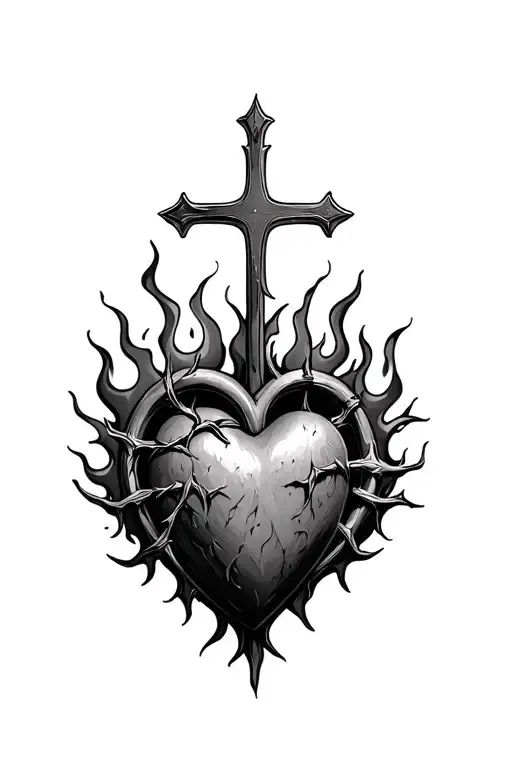 realism shaded sacred heart with flames and cross, thorns around heart shape not the middle tattoo design idea