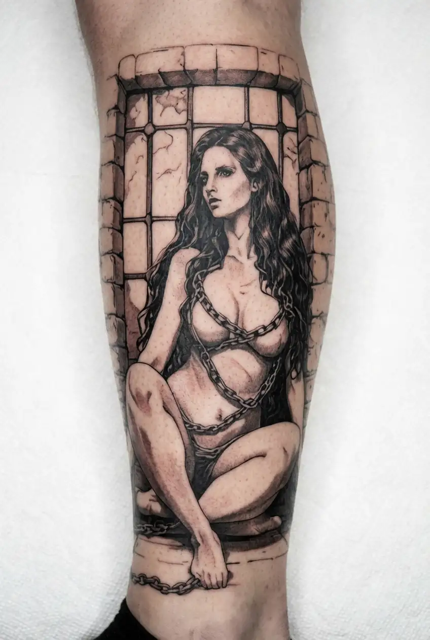 shackled whore in dungeon with one window letting in moonlight tattoo design idea