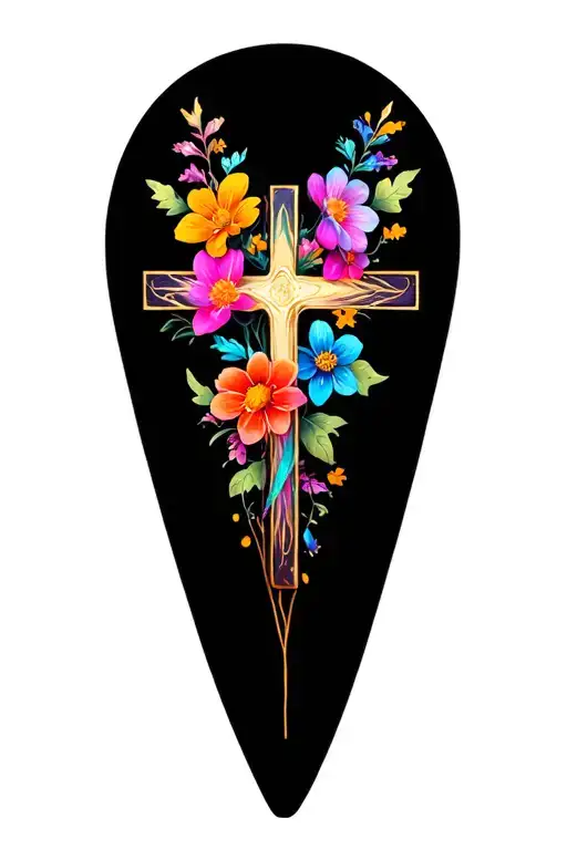 cross with colorful flower background  tattoo design idea