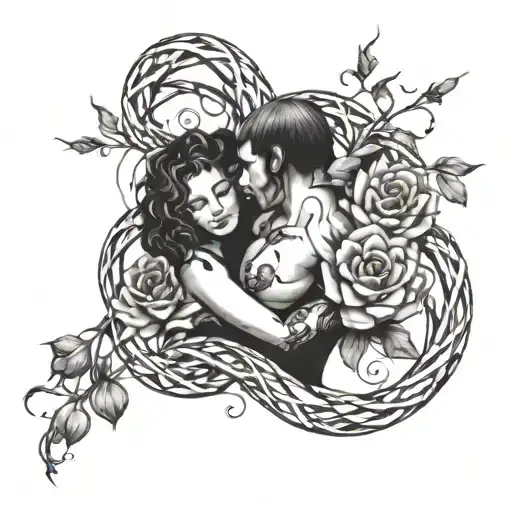 A provocative tattoo of a sensual embrace intertwined with dark and edgy elements, symbolizing passion and trauma tattoo design idea