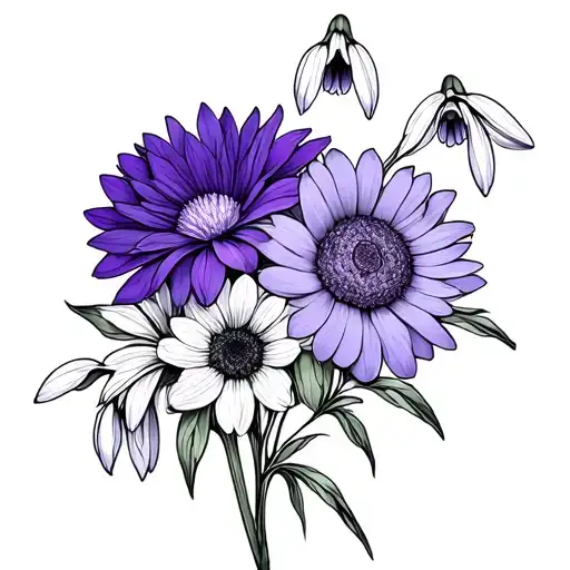 minimalist birth flower bouquet snowdrop violet and chrysanthemum tattoo design idea