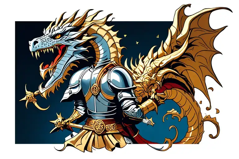 The knight and dragon will be the central elements, filling the canvas of your back. We’ll give it a dynamic flow that w tattoo design idea
