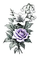 fine line tattoo sketch of a violet, a lily of the valley, and a rose in a bouquet tattoo design idea
