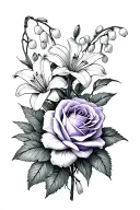 fine line tattoo sketch of a violet, a lily of the valley, and a rose in a bouquet tattoo design idea