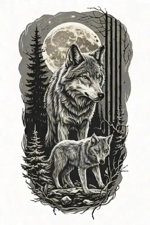 wolf cub in forest with moon shining and adult wolf looking over tattoo design idea