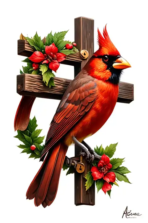 american cardinal perched on a chritian cross tattoo design idea